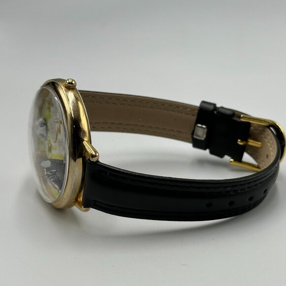 WW Whimsical Soccer Watch Men Gold Tone Black Leather Band 40MM Case New Battery - Picture 8 of 12